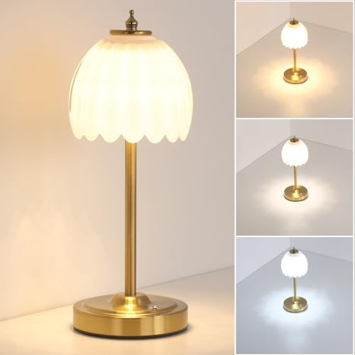 Shenmoyl Tulip Table Lamp with 5000mAh Battery & Touch Control, Cordless Table Lamp with 3 Colors, Dimmable Rechargeable Table Lamps for Bedroom, Nightstands, Living Room, Entryways (White Tulip)