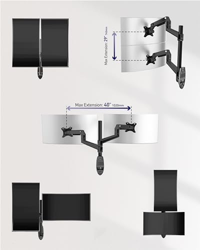 Ergounion Dual Monitor Wall Mount for Flat or Curved Screens up to 38" Within 25 lbs, Adjustable Monitor Arm with Cable Management, VESA 75x75/100x100mm Monitor Mount for 2 Monitors, Black