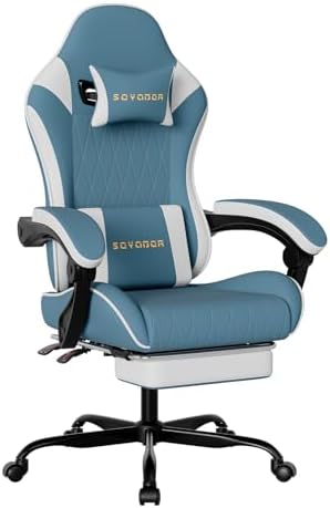 Breathable Fabric Gaming Chair with Footrest, Ergonomic High Back Computer Chair with Gold Diamond Stitching, Height Adjustable Swivel Office Chair with Lumbar Support for Adults,Bluewhite