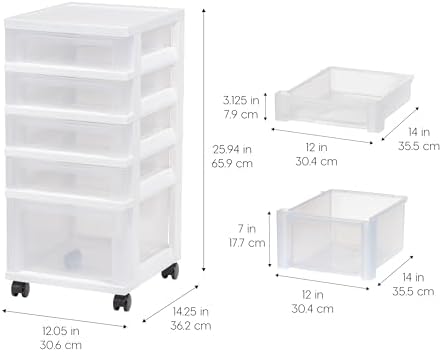 IRIS USA 5-Drawer Rolling Storage Cart with Organizer Top, White/Clear
