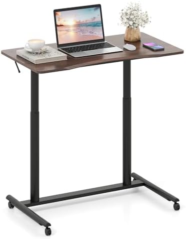 Tangkula Mobile Standing Desk, C-Shaped Sit Stand Desk with Adjustable Height, Lockable Wheels & Metal Frame, Rolling Laptop Desk, Portable Computer Workstation for Small Space