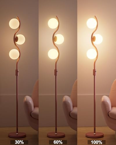 60IN Dimmable Pink Floor Lamp, Modern Standing Lamps with 3 Globe Soft Warm White 3000K Bulbs, Mid Century Floor Lamp with 5Lbs Heavy Base for Living Room Bedroom Home Decor
