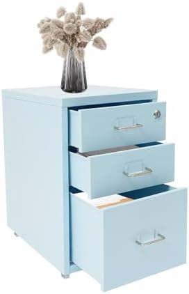 3 Drawer File Cabinet with Lock, Freestanding Filing Metal Drawers Organizer Vertical Metal Rolling Organizer Movable Under Desk Cabinet with Wheels for Home Office Living Room Study (3 Tiers Blue)