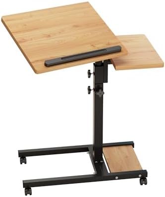 TigerDad Mobile Adjustable Height Laptop Stand PC Computer Portable Notebook Swivel Laptop Desk Rolling Table Desk Cart Tiltable with Wheels Casters& Mouse Pad Table (Wood)