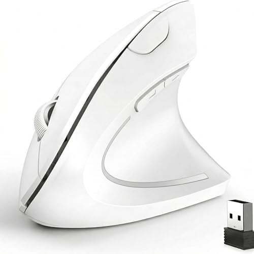 Ergonomic Vertical Wireless Mouse Stylish Rechargeable 2.4G Optical Mice Cordless Mouse with USB Receiver, 800/1200 /1600 DPI, 5 Buttons for Laptop,PC,Mac,Computer (White)
