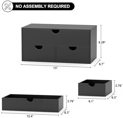 Bamboo Desk Organizer with Drawers Desktop Storage Drawers for Bills Office Supplies Kitchen Utensils Organizing Tool for Home Classroom Organization No Assembly (Black)