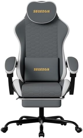 Honeycomb Embossed Gaming Chair with Footrest & Massage Lumbar Support, Adjustable Ergonomic Office Chair for Adults, 300 lbs (Grey White)