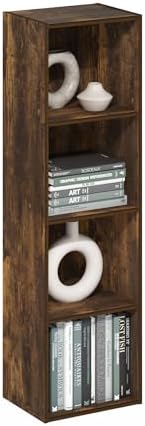 Furinno PASIR Book Shelf, 4-Tier Modern Bookshelf, Open Shelves Bookcase 9 x 12 x 42, Easy Assembly, for Living Room, Bedroom, Home Office, Amber Pine