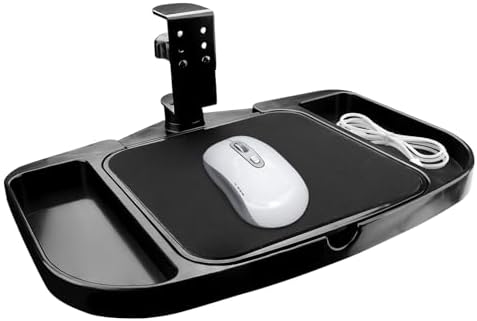 Clamp-on Mouse Tray Under Desk, Height Adjustable Under Desk 360° Rotating Tray Rest Extension Attachment, Clamp-on Mouse Pad Holder Platform with Storage Compartments (Black)
