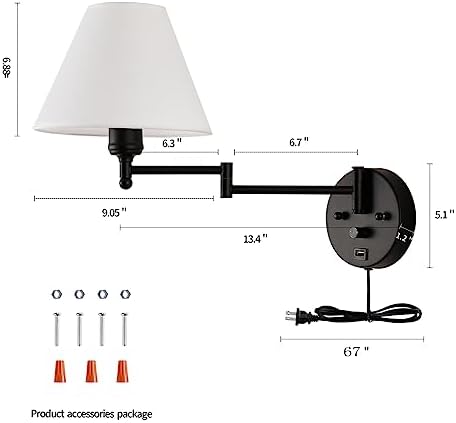 Swing Arm Wall Sconces, Plug-in Wall lamp,Bedroom Wall lamp ， White Fabric Shade，，with dimmable Switch and USB Charging Port, Suitable for Bedside, Living Room, Reading (Black)