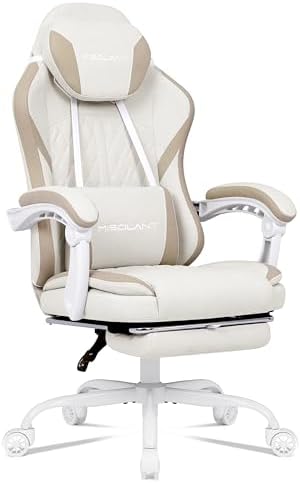 Misolant Gaming Chair, Fabric Gamer Chair with footrest for Adults, High Back Ergonomic Computer Game Chair with Adjustable Headrest and Massage Lumbar Support, 90-155° Recline Free, Beige