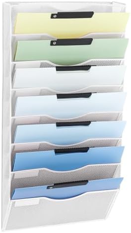 EASEPRES 8 Pocket Mesh Hanging Wall File Organizer, Wall Mounted Mail Paper Document Folder Holder, Clipboard Storage Organization Magazine Rack with Nametag Label for Office Home School, White