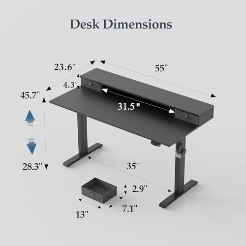 Klicelor 55 x24 Inch Electric Standing Desk with Drawers, Adjustable Height Small Sit Stand Desk for Home Office, Compact Computer Workstation with Storage– Black