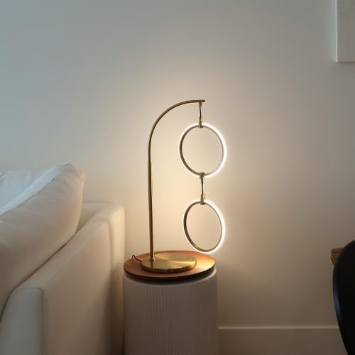 Brightech 2 Ring Lamp - 24" Dimmable LED Table Lamp with 2 Hanging Light Rings, Modern Arc Desk and Bedside Nightstand Lamp with USB-C Charging Port, 12W Warm White LED, Gold Brass