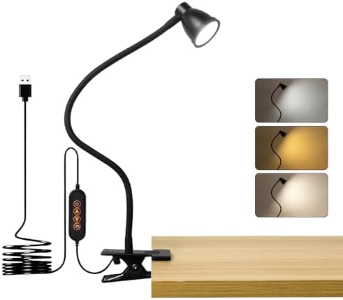 LED Clip Light 3 Color 10 Brightness Dimmable Clamp Desk Lamp Black
