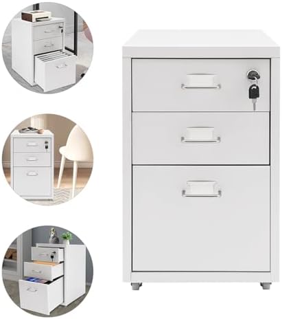 CNCEST 2-Drawer Vertical File Cabinet Metal Mobile Filing Cabinet with Lock Rolling File Drawer Cabinet Under Desk Sturdy Steel Storage Unit with Glide Drawers Lockable Wheels for Home Office (White)