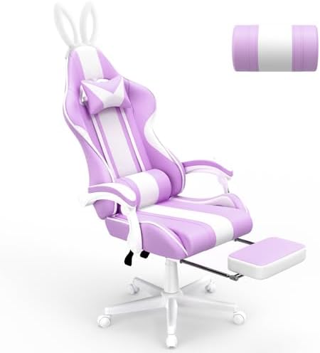 Ferghana Kawaii Light Purple Gaming Chair with Bunny Ears, Ergonomic Cute Gamer Chair with Footrest and Massage, Racing Reclining Leather Office Computer Game Chair for Girls Adults Teens Kids