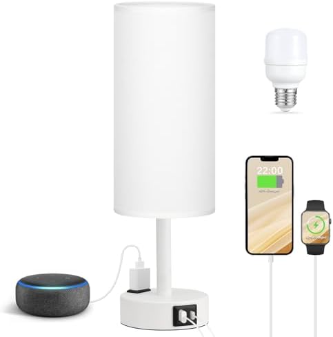 Fenmzee White Bedside Lamp for Bedroom, Dimmable Touch, USB A+C, AC Outlet