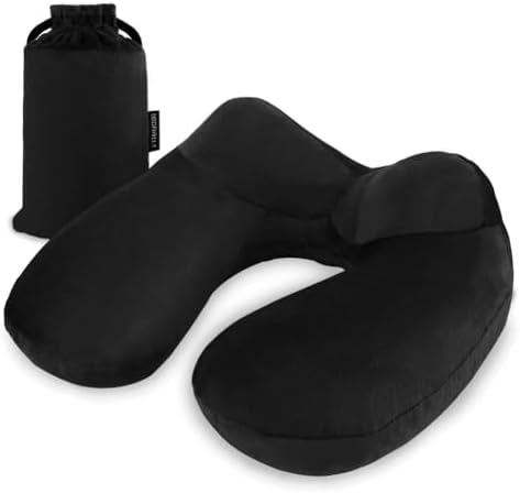 Inflatable Travel Pillow, Soft Velvet Inflatable Neck Pillow for Traveling, Airplanes, Train, Car, Office with Compact Bag, Breathable Washable Cover, Suit for Adults Sleeping - Black