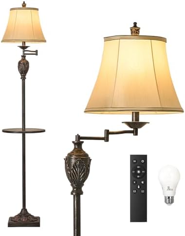 Traditional Floor Lamp withTray,Remote Dimmable,350°Swing Arm,Antique Black
