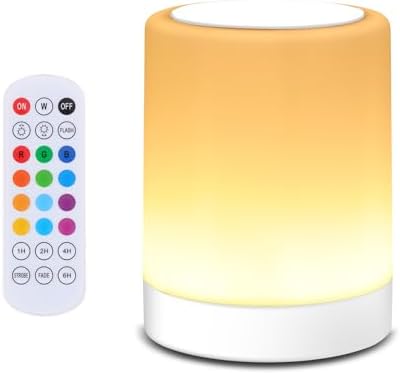 OORUN Touch Bedside Table Lamp,13 RGB Colors & 5 Brightness, USB Rechargeable Desk Lamp, Remote Control Dimmable Light with RGB Color Changing,Portable Lamp for Baby (White)