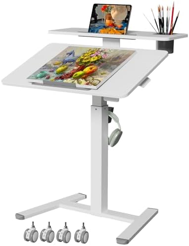 28" Mobile Standing Desk, Tiltable Top with 2-Tier Shelves, White