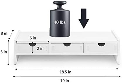 valen Monitor Stand Riser, Computer Laptop Riser Shelf with 3 Organizer Drawers (White, 19.5" L x 7.5" W x 4.7" H) (White)