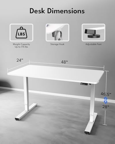 Electric Standing Desk, Gaming Desk, 48 x 24 Inch, White