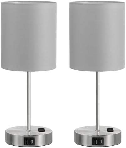 17.6" Grey Touch Lamps for Bedroom Set of 2 - Dimmable, USB C+A, AC Outlet