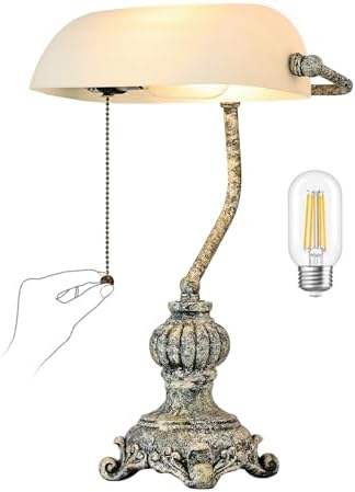 Retro White Matted Glass Bankers Desk Lamp,LED Bulb Included