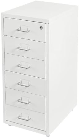6 Drawer File Cabinet with Lock, Freestanding Filing Metal Drawers Organizer Vertical Metal Rolling Organizer Movable Under Desk Cabinet with Wheels for Home Office Living Room Study (6 Tiers White)