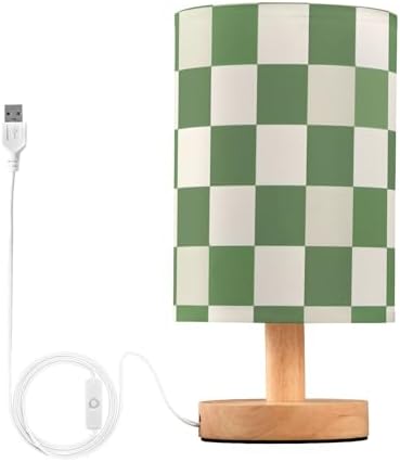 Bedside Lamp Green White Checkered Pattern Table Lamp for Bedroom LED Nightstand Lamp Shade USB Ports Wood Base for Living Room Dorm Office