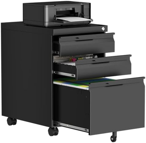 3 Drawer File Cabinet Under Desk with Wheels,Metal Small Filing Cabinets for Home Office Organizer,Rolling Filing Cabinets Under Desk Storage for Letter/Legal/A4,Assembly Required,Black