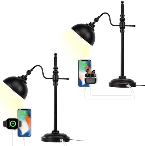 2 Pack Industrial Desk Lamp with 2 USB Charging Port,Black Metal Table Lamp,Adjustable Head Lamp with USB Port for Office Living Room Dorm Farmhouse Reading