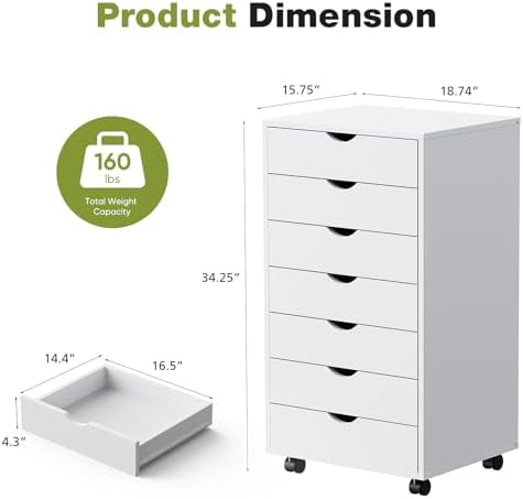 Sweetcrispy 7 Drawer Rolling Storage Cabinet, Wood Under Desk Mobile Dresser with Wheels, Small Organizer Chest for Home Office, Bedroom, Living Room, Compact Vertical Storage Furniture Unit, White