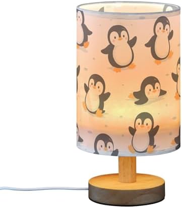 Bedside Lamp Cute Penguins Table Lamp for Bedroom LED Nightstand Lamp Shade USB Ports Wood Base for Living Room Dorm Office