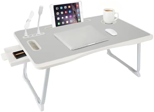 Laptop Bed Table, Laptop Desk for Bed, Foldable Laptop Bed Desk with USB Charge Port, Handle, Desktop Card Slot, Cup Slot, Side Drawer, Portable Laptop Table for Bed Eating Reading Working