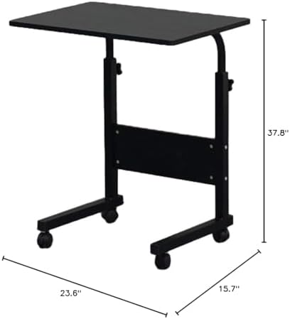 TV Tray Bed Side Table, Portable Rolling Desk Hospital Bed Laptop Table, Small Standing Desk with Wheels Adjustable Height for Sofa, Bedside, Tablet Use, Secure Non Tilt, 23.6" W, Black