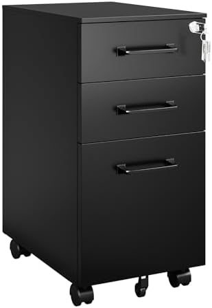 MIIIKO File Cabinet 3 Drawers on Wheels Under Desk, Black Metal File Cabinets with Lock for Home Office, Filing Cabinet with Lock(Un-Assembled)
