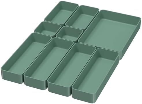 CHANCETSUI 9 Pcs Stackable Drawer Organizer Trays Set, Green, Multifunctional Storage for Vanity, Bathroom, Kitchen, Desk Drawer Organizer Office, PET Plastic