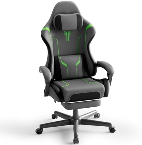 Ferghana PU Leather Gaming Chair, Ergonomic High Back Gamer Chair with Footrest and Linkage Armrest, Office Computer Video Game Chair for Adult, Grey/Black/Green