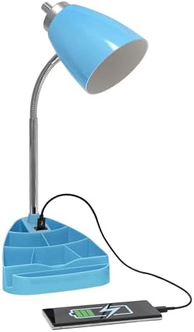Simple Designs LD1056-BLU-LB 18.5" Gooseneck Organizer Desk Lamp with iPad Tablet Stand Book Holder and USB Port, with LED Bulb, Blue