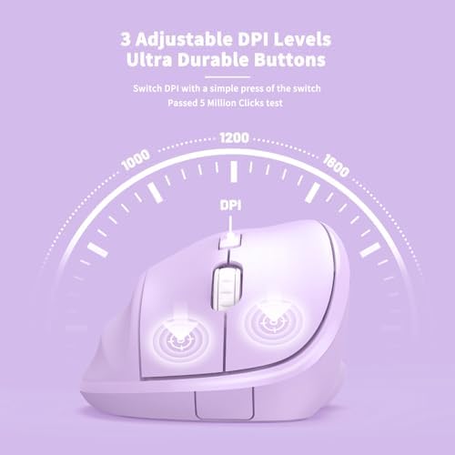 Ergonomic Wireless Mouse with USB Receiver for PC Computer, Laptop and Desktop, Ergo Mouse Vertical with Silent Clicks Long Battery Life, Up to 1600 DPI & 1 AA Battery Powered, Purple