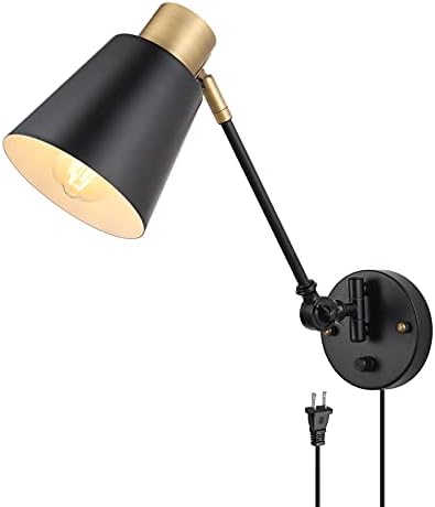 GOODATE Dimmable Wall Lamp with Plug in Cord, Plug in Wall Sconces, Swing Arm Wall Light with On Off Switch, Metal Black Brass Industrial Wall Lamp for Bedroom, Living Room, E26 Base