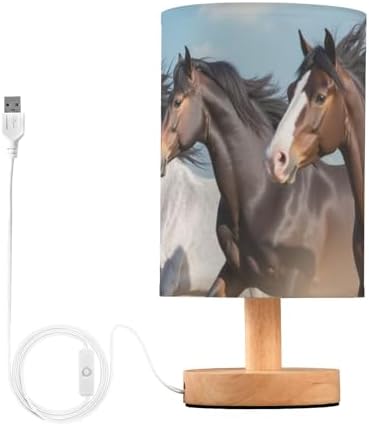 Bedside Lamp Horses Table Lamp for Bedroom LED Nightstand Lamp Shade USB Ports Wood Base for Living Room Dorm Office