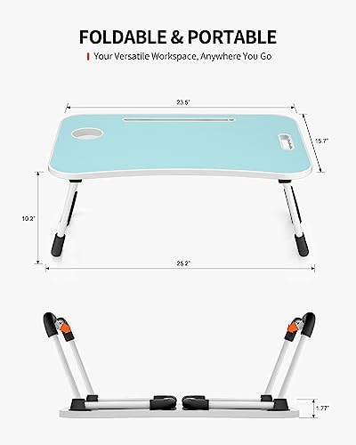 FISYOD Foldable Laptop Table, Portable Lap Desk Bed Table Tray, Laptop Stand with Cup Holder & Tablet Slot & Lifting Handle for Working Writing Drawing & Eating (Blue)