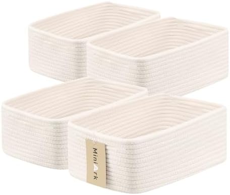 MiniArk Small Storage Baskets for Organizing | Closet Organizer Bins | Shelf Toy Basket | Woven Rope Baskets | Cube Decorative Box | Shallow Basket | 13x8.5x5.1” | 4 Packs Off White