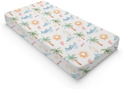 Summer Beach Theme Palm Tree Starfish Sun Pattern Baby Changing Pad Cover, Unisex Beach Ocean Theme Nursery Diaper Changing Table Pad Mat Sheet for Boys Girls-16x32