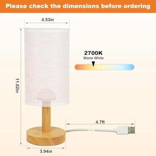 Touch Bedside Table Lamps Set of 2 with Stepless Dimming, USB Powered
