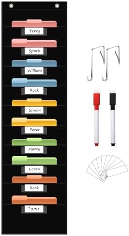 ANCOMEDO 10 Pocket Hanging Wall File Organizer with 10 Nametag Pockets, File Pocket Chart for Classroom and Office. Perfectly Stores Assignments, Files, Scrapbooks, and Documents.